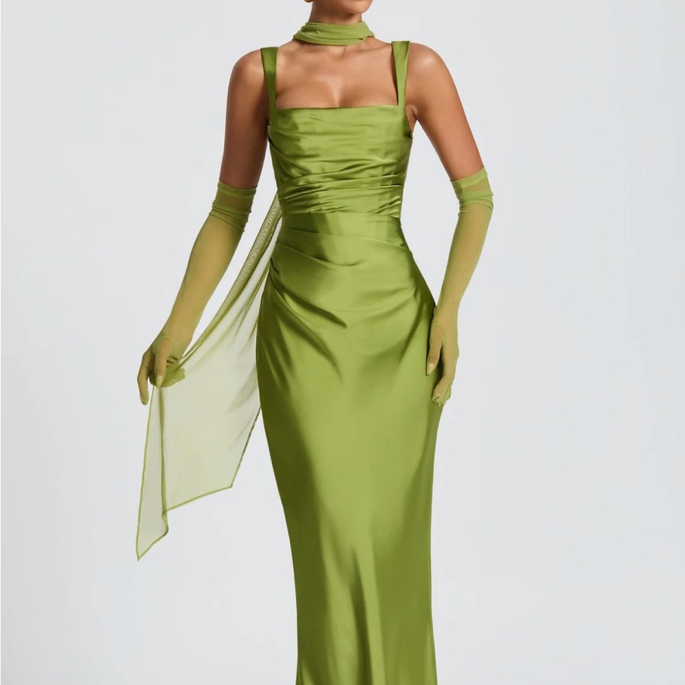 Satin Olive Green Maxi Dress with Sheer Scarf